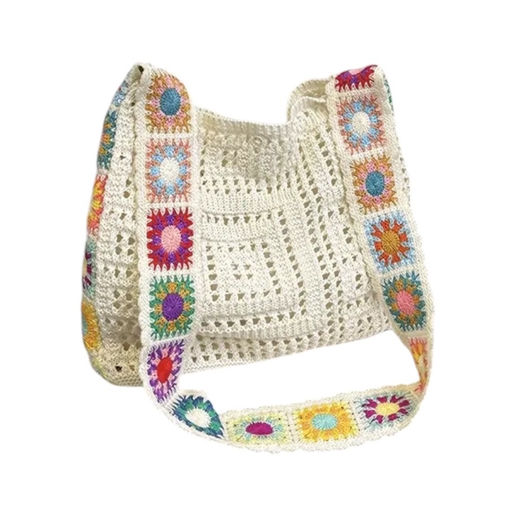 Crochet Shoulder Bag with Geometric Strap In Beige